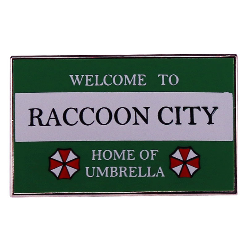 

Welcome to raccoon umbrella home Enamel Pin green road sign badge, As picture