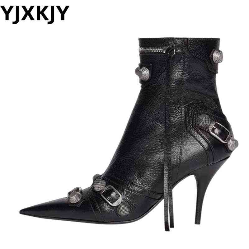

New Women Slim High Heel Metal Buckle Chain Luxury Shoes Fashion Comfortable Pointed Toe Ankle Boots Stiletto Short 220815, Green short