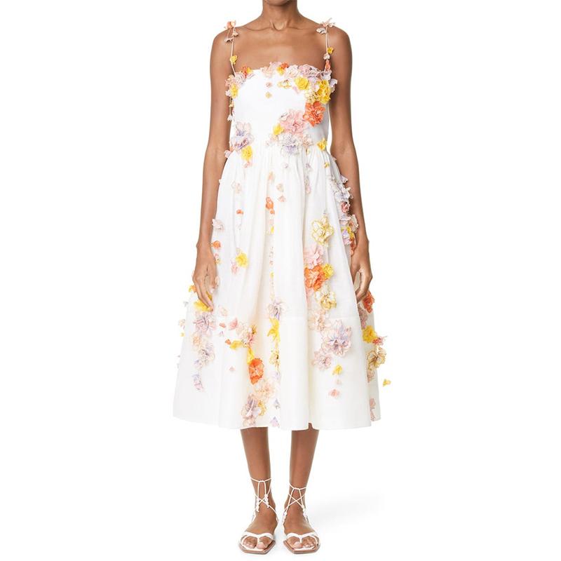 

Casual Dresses Postcard Floral Appliqué Linen Silk-blend Midi Dress White Elegant French Flower Fluffy Spaghetti Strap Long Prom Summer