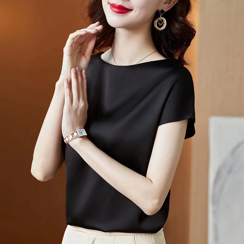 

Women's Blouses & Shirts Office Lady Tops Summer Korean Silk T-shirts For Women Vintage Satin Short Sleeves Loose ShirtsWomen's, Beige