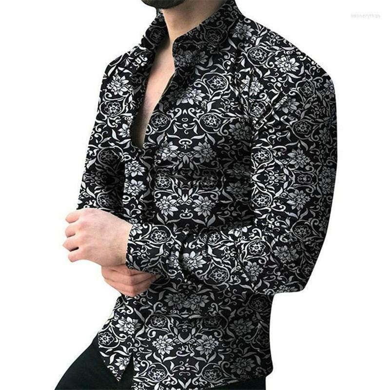 

Men's T-Shirts Men Fashion Casual Shirt Long Sleeve Floral Printing Slim Fit Male Social Business Dress Fitness Sports ClothingMen's Imon22, Black