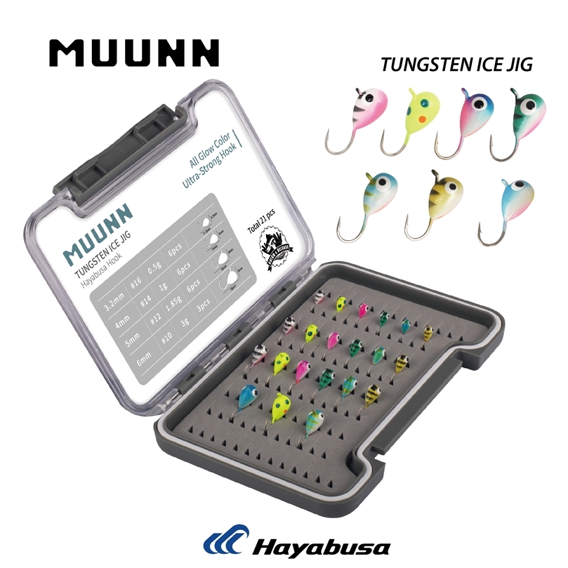 

MUUNN Tungsten Ice Fishing Jig Head Set,Boxed 21PCS All Glow Color,0.50G - 3.00G Multicolor Hook Winter Ice Bait 220401