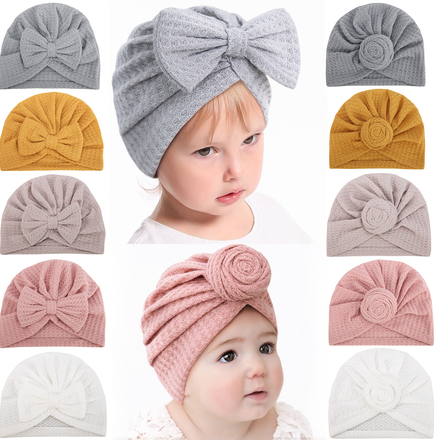 

Newborn Waffle Bow Knot Hat Baby Indian Caps Girls Knitted Turban Solid Fetal Cap Soft Cotton Knotted Head Wraps Kids Bonnet Beanie Hair Accessories B8089