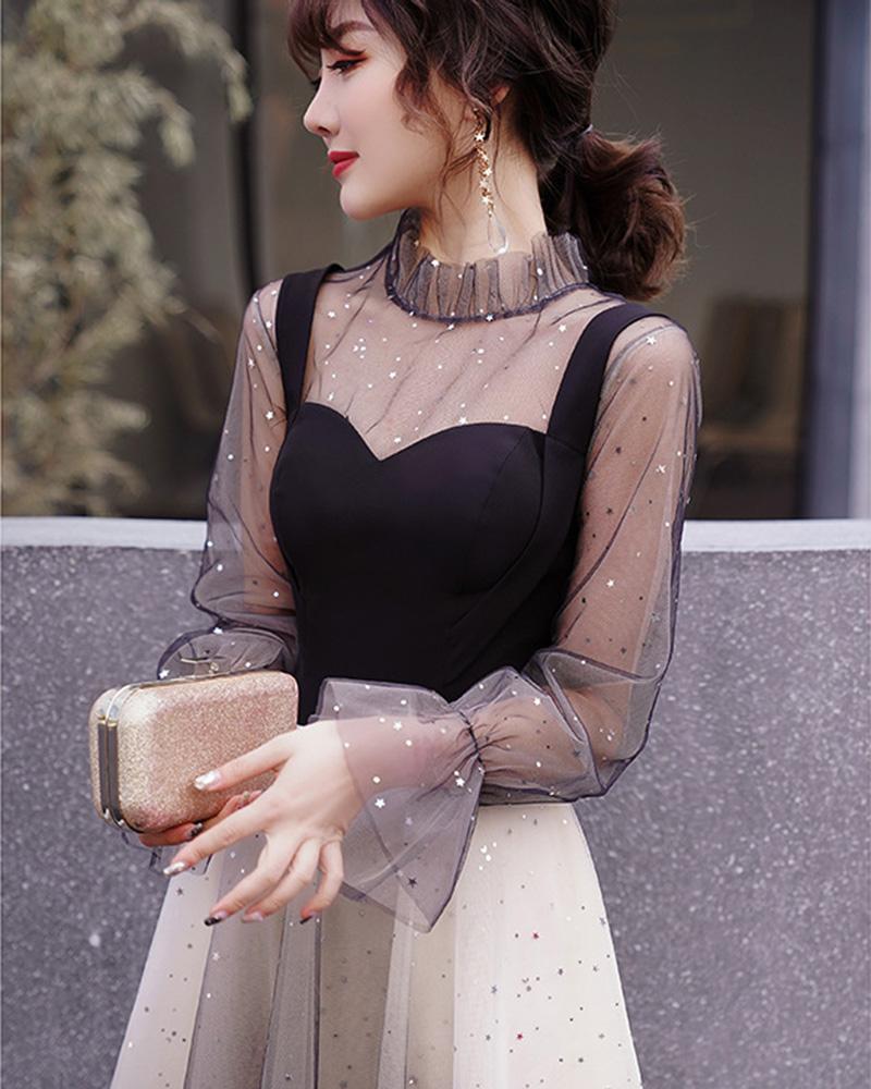 

Runway Dresses French Style Chic Tulle High Neck Celebrity Dress Elegant Spaghetti Strap Sparkle Glitzy Sequins Long Ruffles Sleeve Party Go, Black