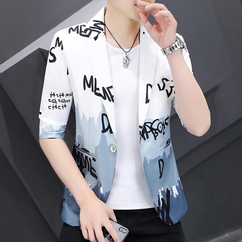 

Men' Suits & Blazers Men Summer English Letter Printing Seven-point Sleeve Suit Hair Stylist Korean Slim Leisure JacketMen, Black