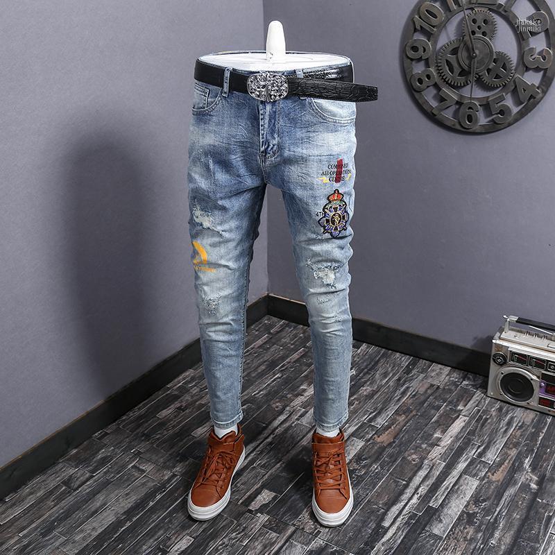 

Men's Jeans Thin Light Blue Ripped Pants Pencil Casual Slim Trousers Holes Letters Pattern J38, As pic