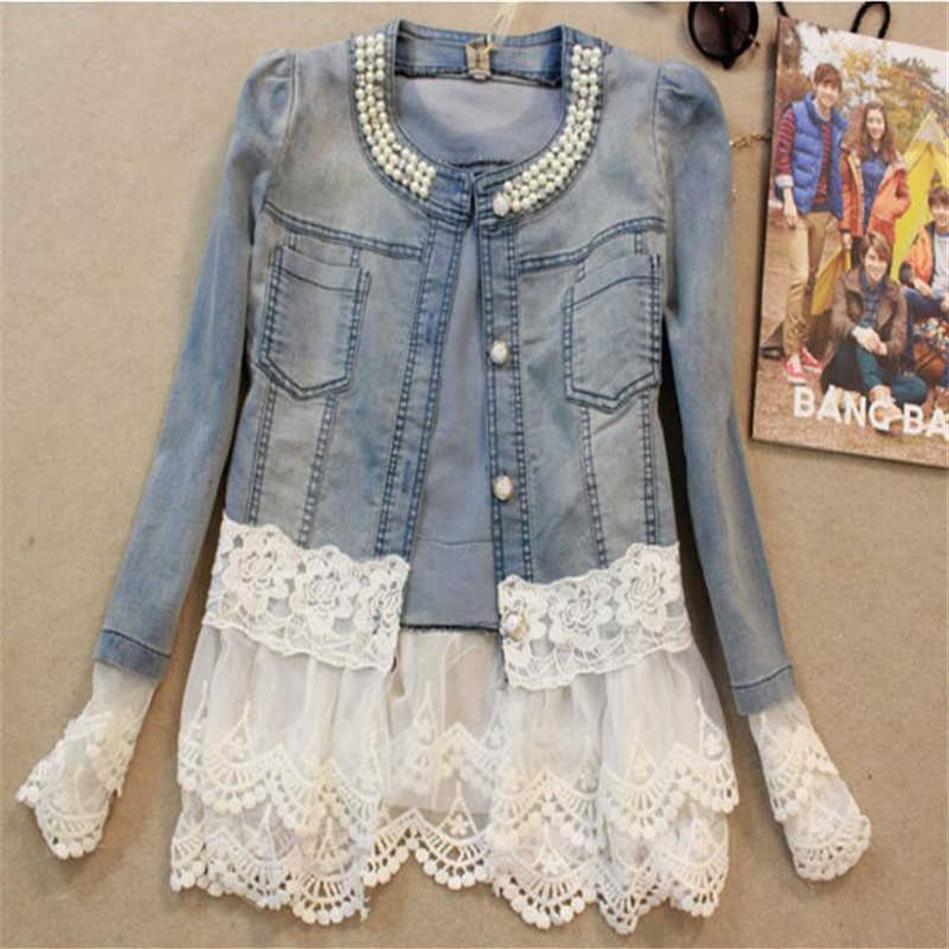 

Elegant floral lace denim jacket coat women Casual short basic jacket Beading Patchwork Slim jean jackets Plus size 4XL X0726252R, Blue