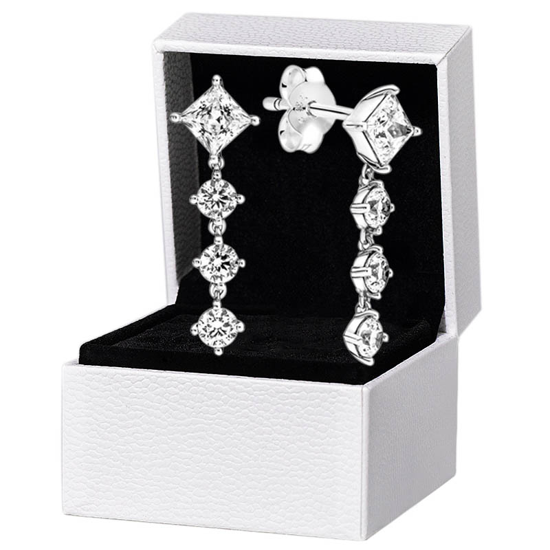 

925 Sterling Silver Round Square Drop Dangle Earrings Original box for Pandora Women Girls Wedding CZ diamond Pendant Stud Earring