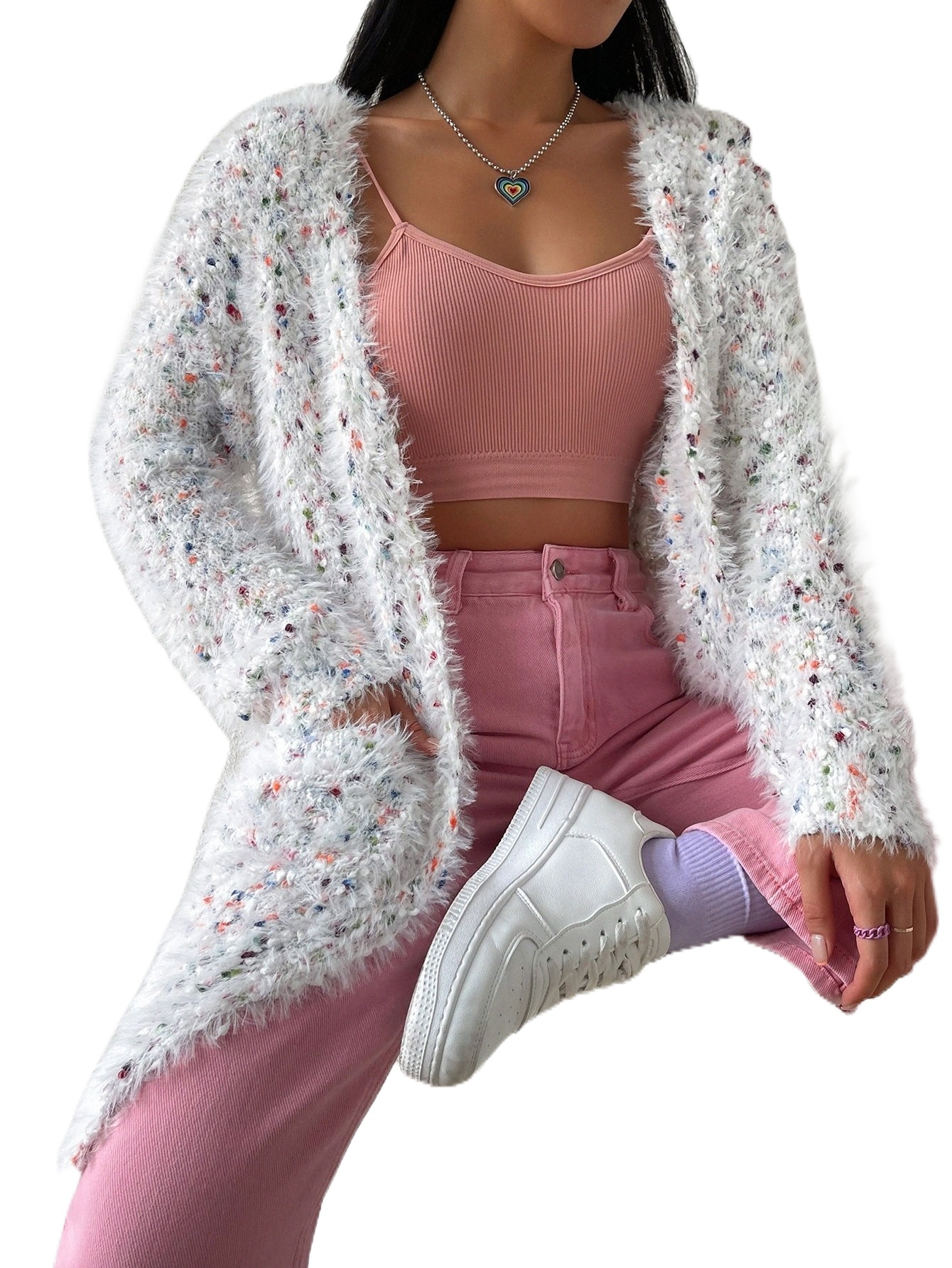 

double Pocket Drop Shoulder Fluffy Knit Duster Cardigan m8vp#, White