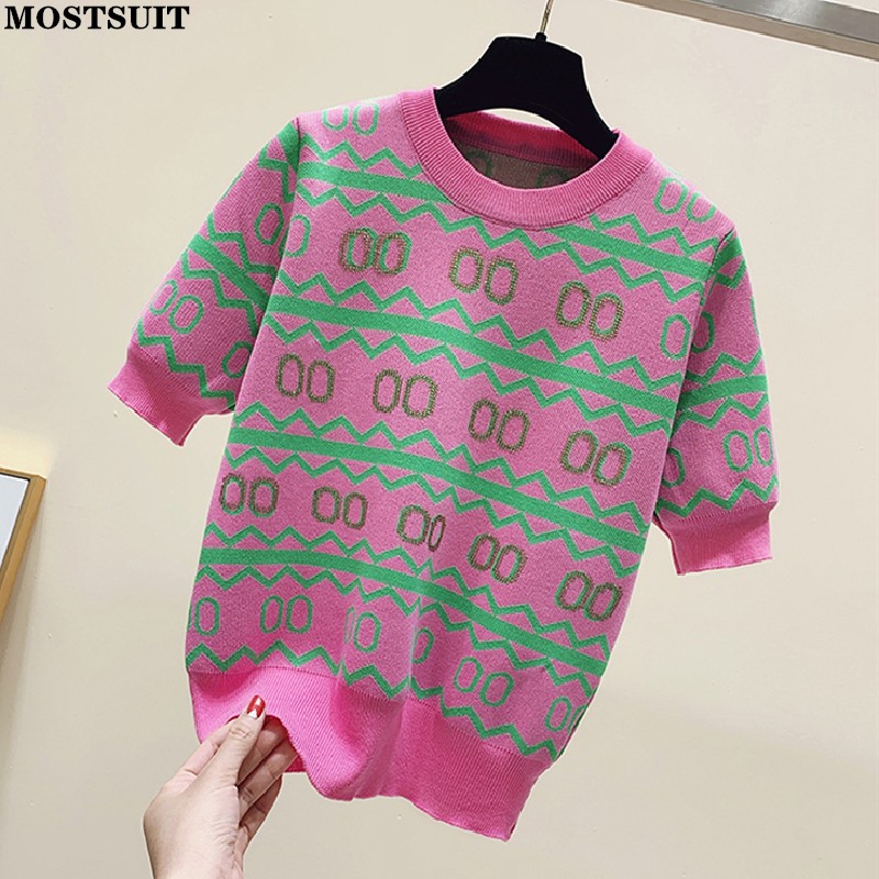 

2022 Summer Diamonds Beading Women Pullover Thin Knitted Short Sleeve Round Neck Ice Silk Sweaters Knitwears Stylish Fashion Top, Picture color