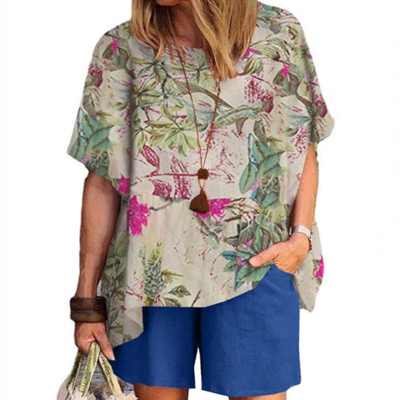 

Women' Tracksuits 2pcs Women Vintage Printed Short Sleeve Blouse Suits Bohemian Summer Sets Casual Loose Beach For DailyWomen, Khaki