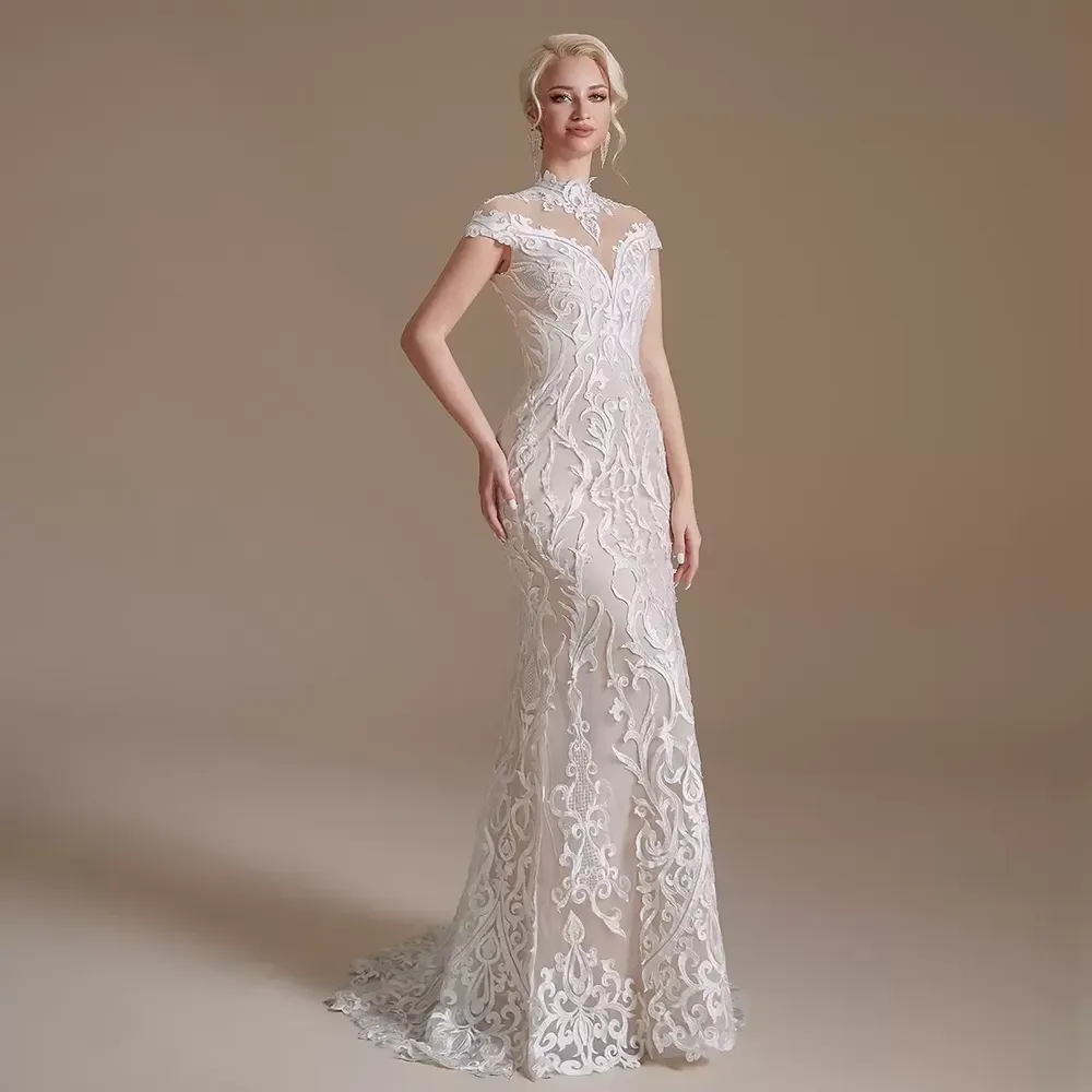 

Gorgeous Full Lace Mermaid Wedding Dresses Designer Cap Sleeve High Neck Sheer Appliques Back With Corset Women Formal Modern Bridal Gowns CPS1990 Fast Delivery, White