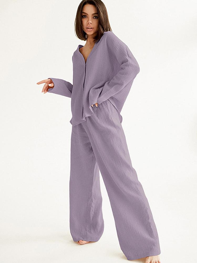 

Women' Tracksuits Cotton Casual Shirt Two Piece Set Women Loose Long SleeveTrouser Suits Female Summer Turndown Collar Top Lady Tracksuit, Purple