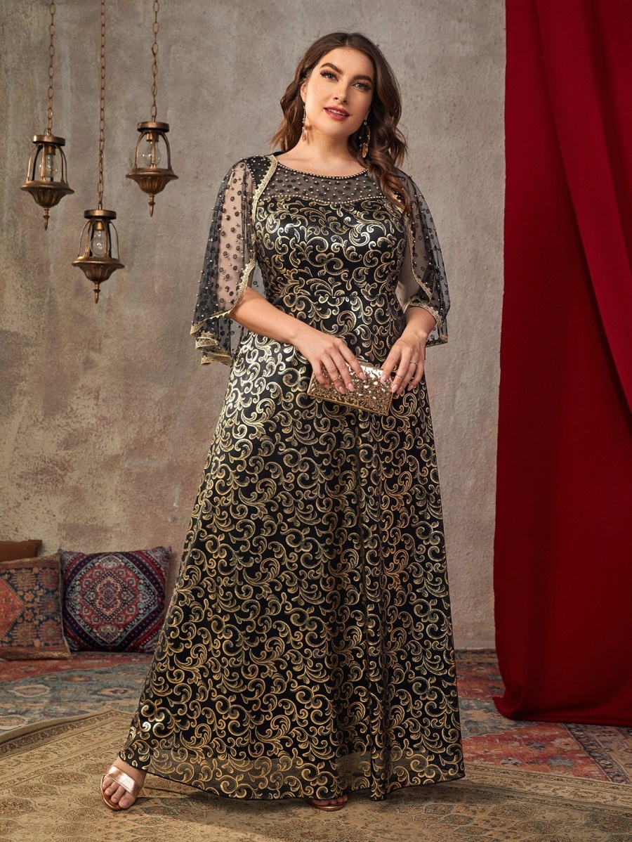 

plus Allover Print Contrast Mesh Pearls Beaded Maxi Dress B62N#, Multicolor