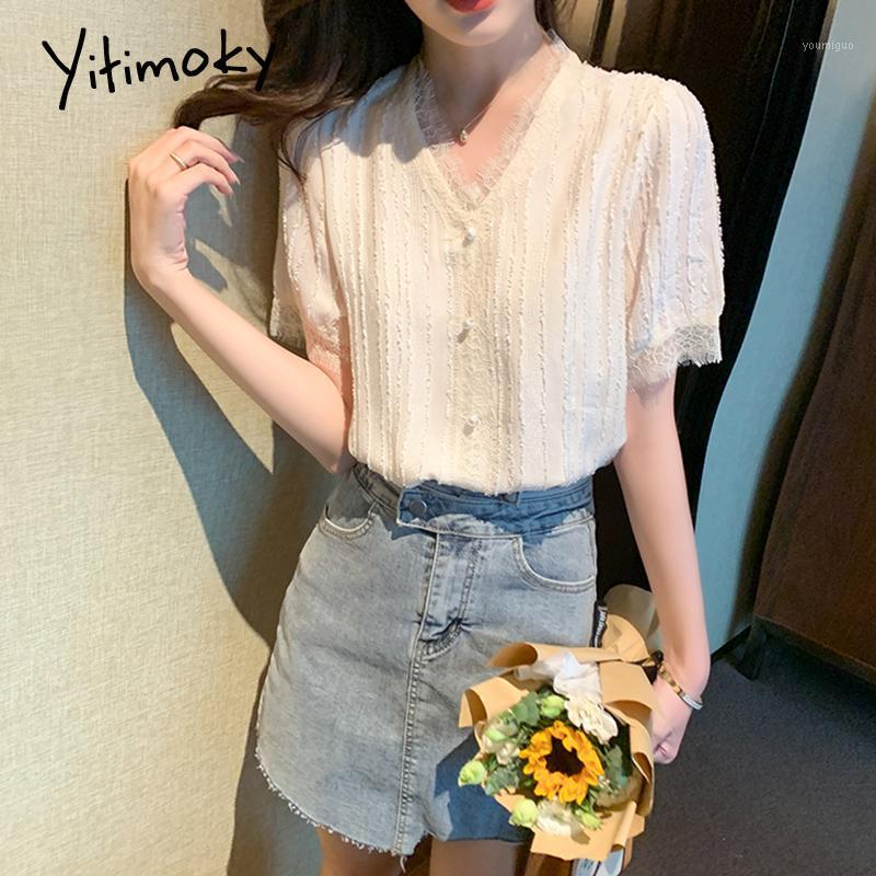 

Women' Blouses & Shirts Yitimoky Chiffon Blouse Women Tops Summer 2022 Lace Short Sleeve Pearl V-Neck Spliced Straight Casual Fashion Apric, Apricot