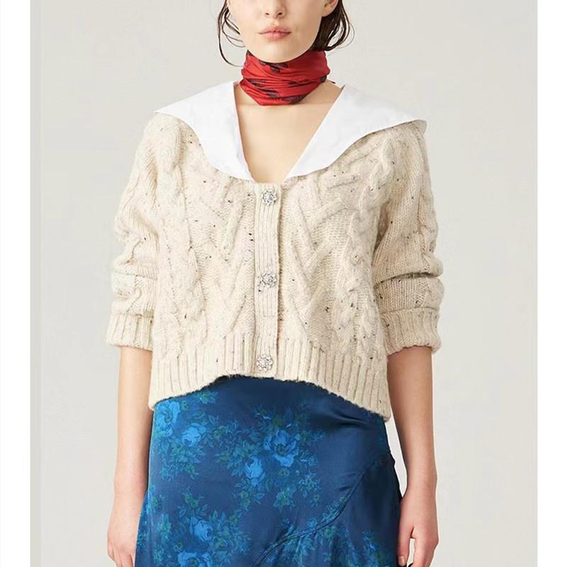 

Women's Knits & Tees Women Wool Blend Short Knitted Cardigan Patchwork V-Neck Ladies Single-Breasted Long Sleeve Female Knitwear Sweater 202, White