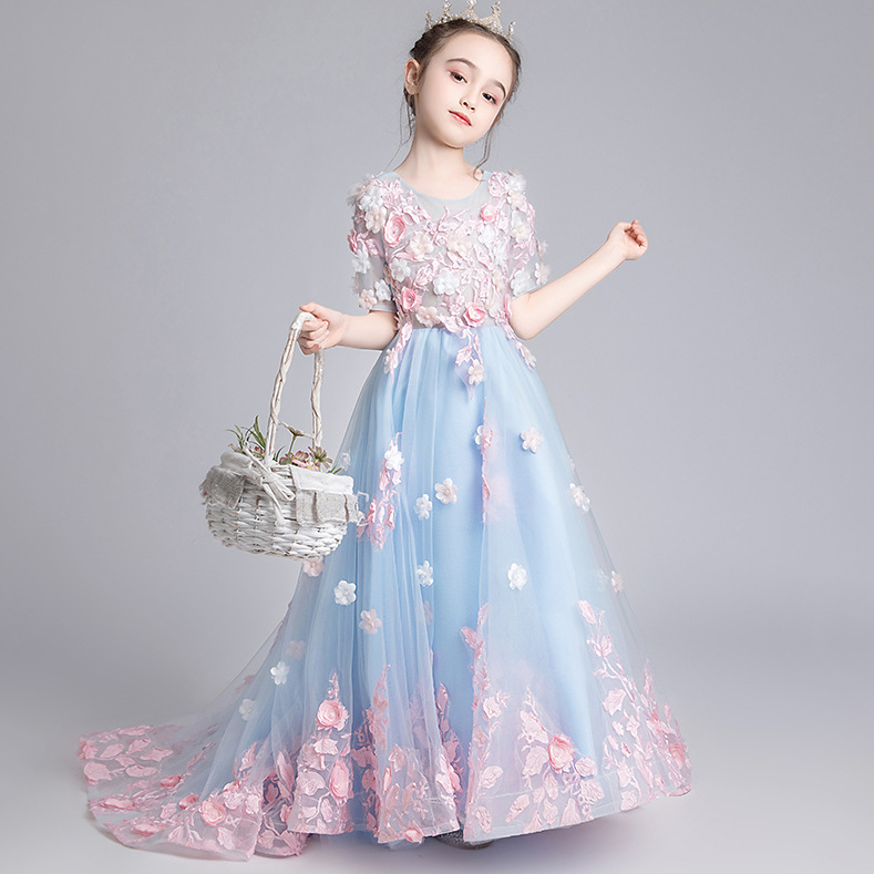 

2022 Cute Spaghetti Handmade Flower Girls Dresses Bow 3D flowers Princess Kids Floor Length Bridesmaid Dress Girl Pageant Ball Gown, Blue