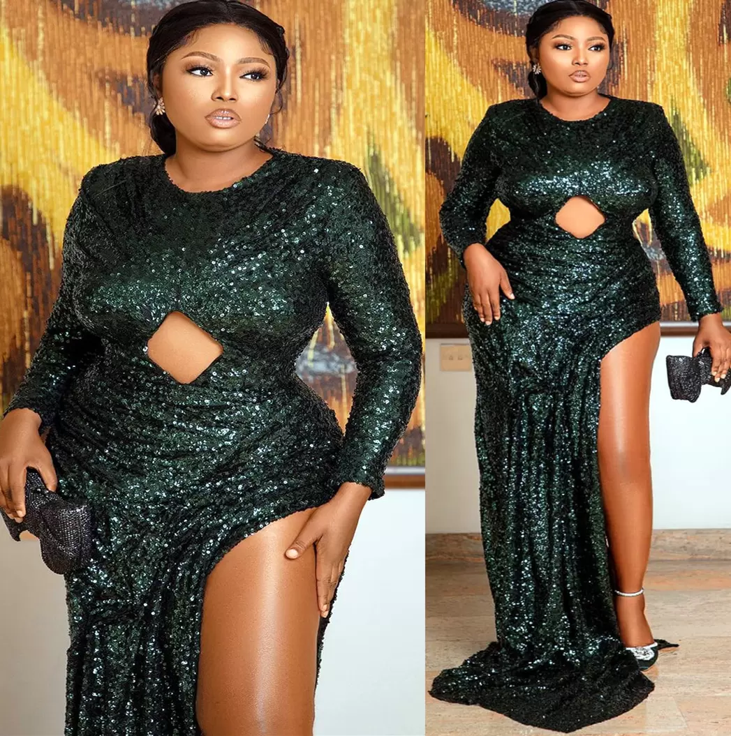 

2022 Dark Green Prom Dresses Jewel Neck Sparkly Sequins Long Sleeves Side Slit Evening Formal Wear Cocktail Party Gowns Vestidos Custom Made Plus Size, Silver