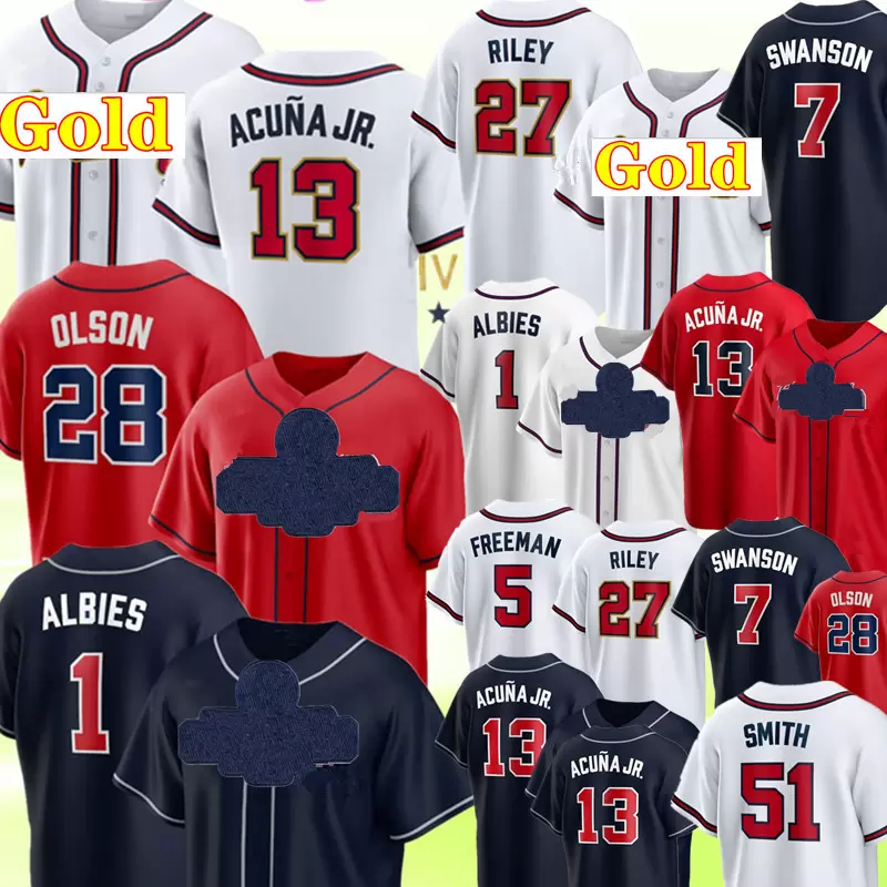

Gold 13 Ronald Acuna Jr. Jersey 28 Matt Olson 1 Ozzie Albies 7 Dansby Swanson Baseball Jerseys Austin Riley Will Smith Jorge Soler Tyler Matzek Eddie Rosario Heredia, Men+patch flex base s-xxxl yongshi