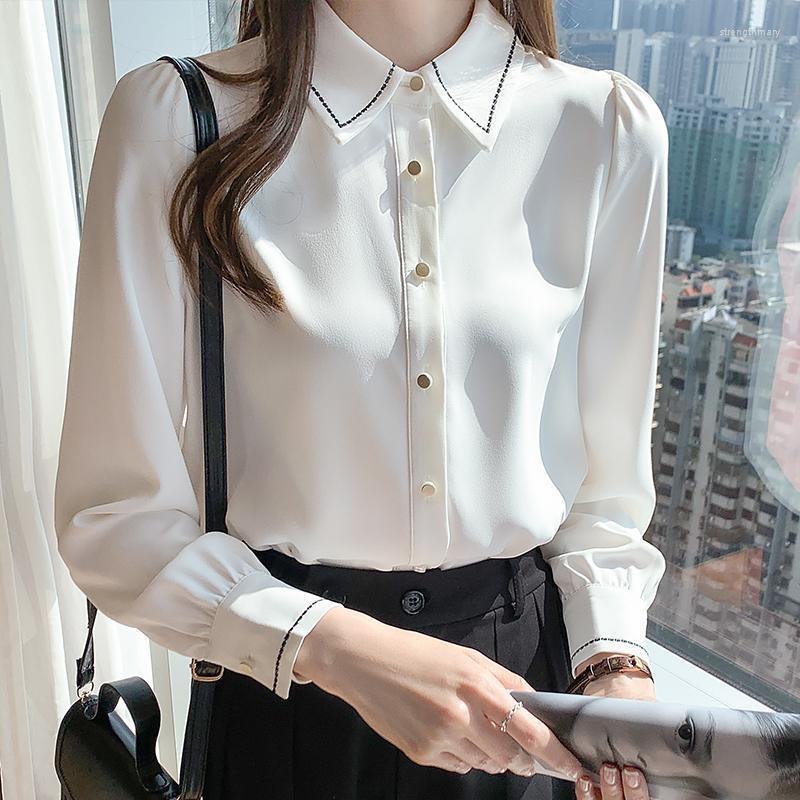 

Women' Blouses & Shirts TingYiLi Spring Autumn White Chiffon Long Sleeve Contrast Color Elegant Ladies Office Wear Button Up Tops Stre22