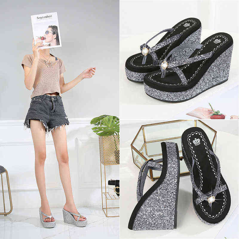 

2023 New Summer Ladies Super High Heel Platform Slippers Sequin Rhinestone FlipFlops Sleeveless Heel Elevation Sandals Sexy Shoes, Black