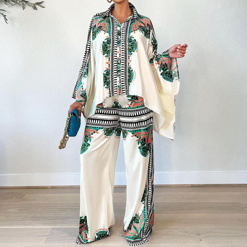 

Women' Two Piece Pants 2022 Autumn High-end Young Bohemian Retro Chiffon Loose Shirt Full Sleeve Set Long Wide Leg Women 2 SetWomen, Blue