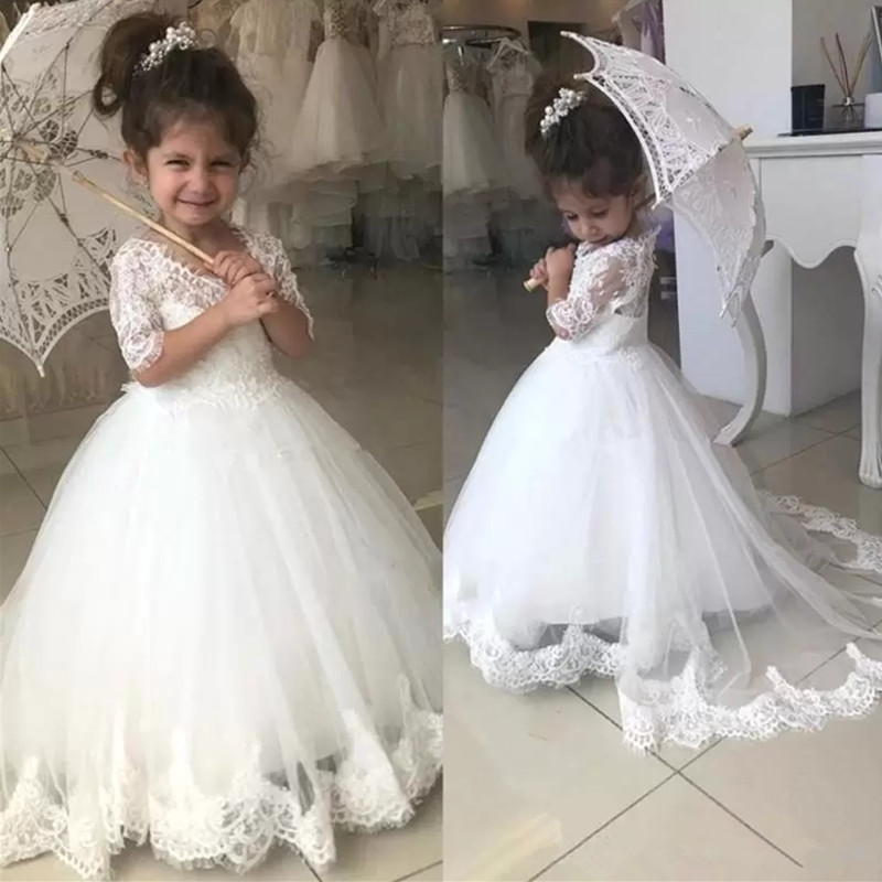 

Lovely Flower Girl Dresses For Weddings Half Sleeve V Neck Lace Appliques Sweep Train Child Birthday Party Gown First Communion Dress, White