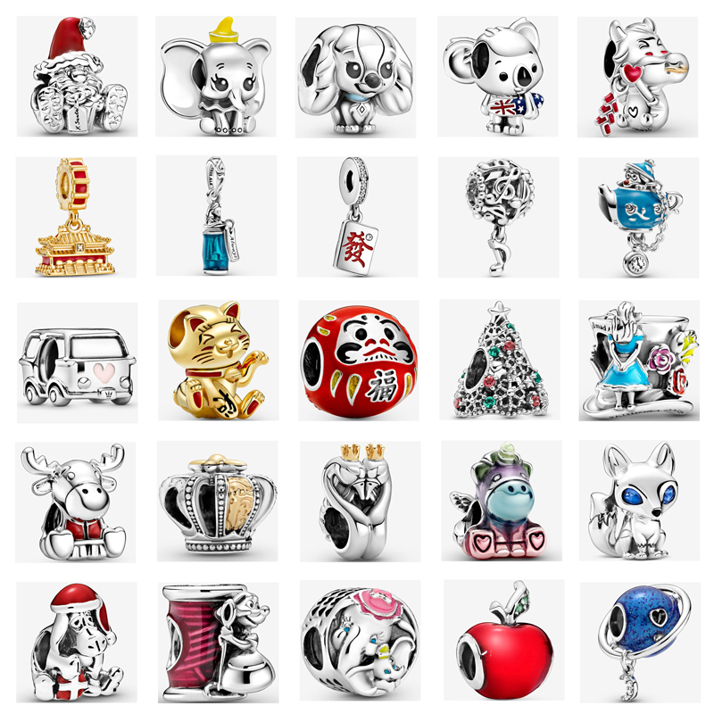 

925 Silver Fit Pandora Charm 925 Bracelet Red Dharma Gold Lucky Cat Red Apple Beads charms set Pendant DIY Fine Beads Jewelry