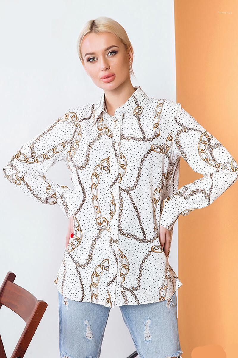 

Chain & Polka Dot Print Blouse Women Long Sleeve Shirts Women' Blouses, White