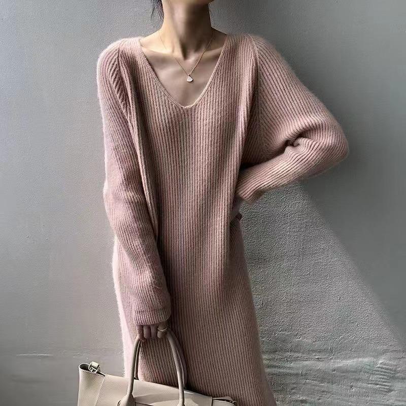 

Casual Dresses Autumn Temperament French V-neck Simple Solid Color Knitted Bottoming Dress WomenCasual, White