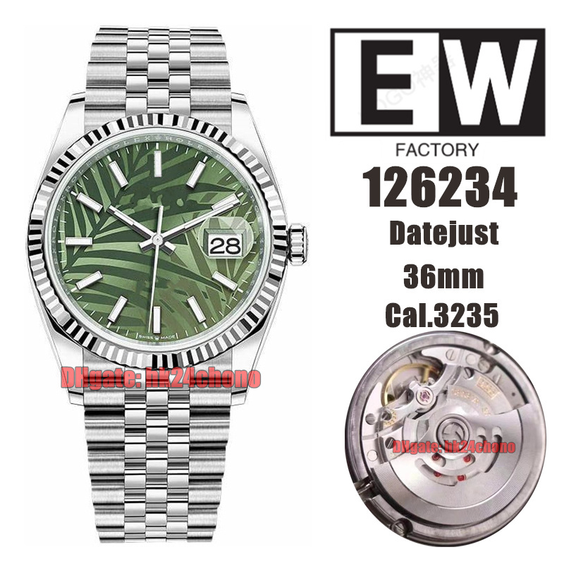 

EWF Top Quality Watches 126234 Date 36mm 904L SS Cal.3235 Automatic Mens Watch Green Dial Stainless Steel Bracelet Ladies Wristwatches, Vip
