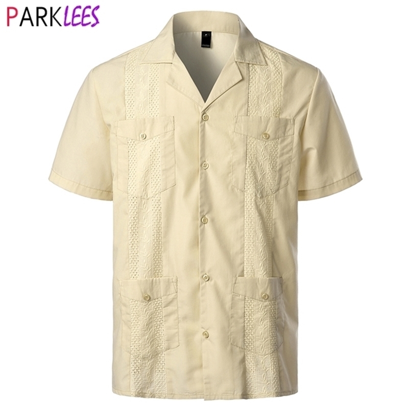 

Men's Traditional Cuban Camp Collar Guayabera Shirt Short Sleeve Embroidered Mexican Caribbean Style Beach Shirt with 4 Pocket 220401, White