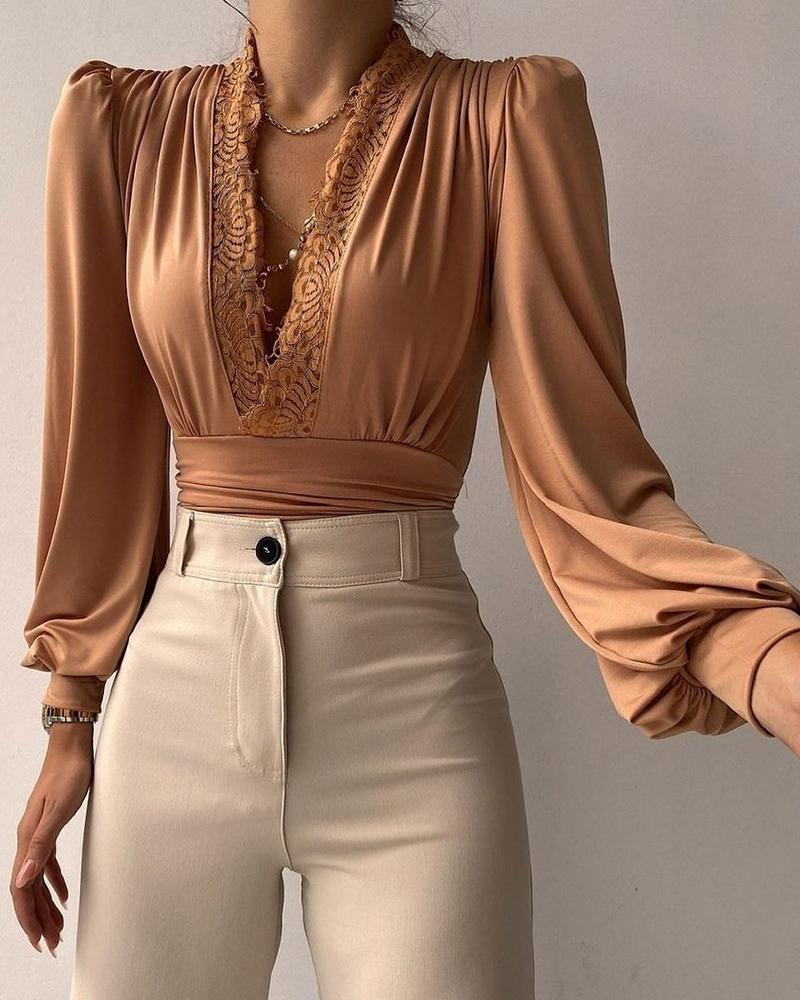 

Women' Blouses & Shirts Lace Trim Puff Lantern Sleeve Top Long V-neck Elegant Commute Short Champagne Pink For Ladies, Auburn