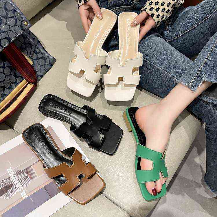 

Slippers One-line Green to Fashion Wear Outside 2022 Net Red Beach Thick Heel Low Cool for Women
