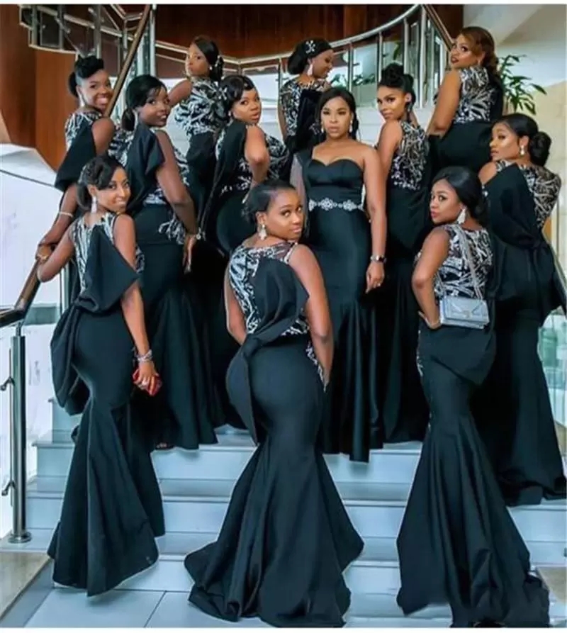 Black Satin African Bridesmaid Robes Longues demoiselles d'honneur Bites de bal sirène Maid d'honneur robe de soirée BC14020