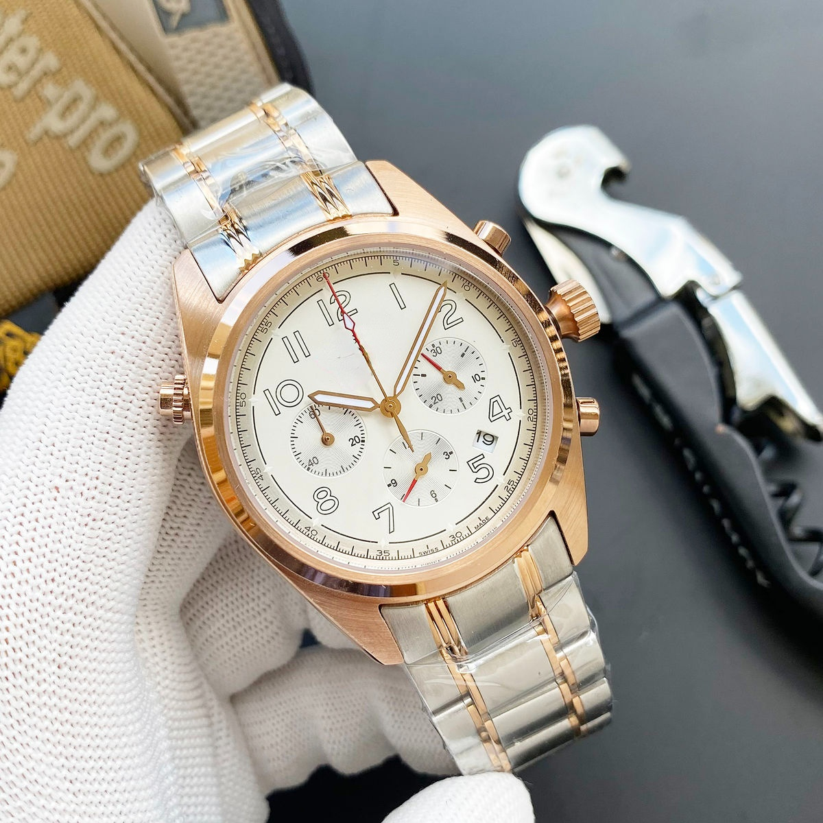 

Fashion men's automatic six-pin quartz waterproof watch with steel ring crystal glass mirror luminous watch, Black