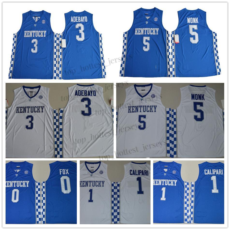 

0 DeAaron Fox NCAA Kentucky Wildcats College Basketball Jerseys 5 Malik Monk 3 Edrice Adebayo 1 Coach John Calipari University Jersey Blue White jerseys, As