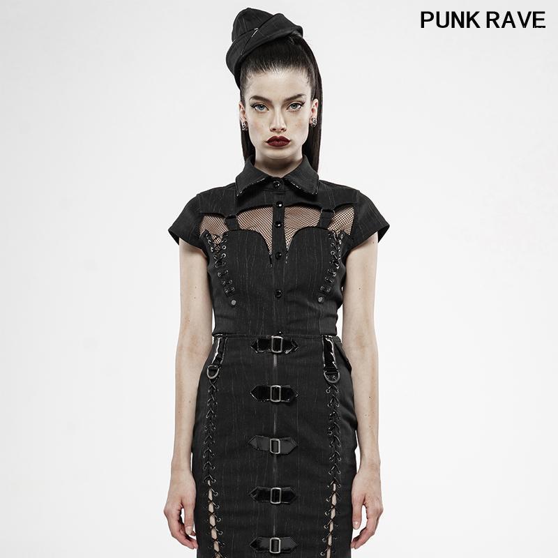 

Women's Blouses & Shirts Elastic Old Texture Weave Slim Fit Hollow Out Mesh Short Sleeve Blouse Fashion Classic Black Game Army Shirt PUNK R