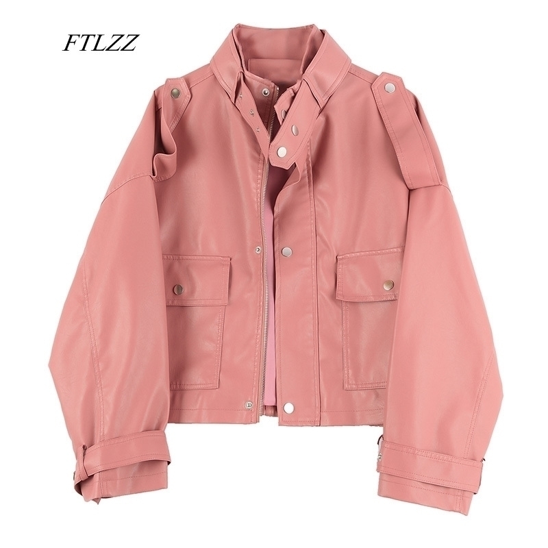 

FTLZZ Women Loose Pu Jacket Faux Soft Leather Epaulet Zipper Biker Overcoat Spring Faux Leather Pink Black Street Short Outwear 201030, Beige
