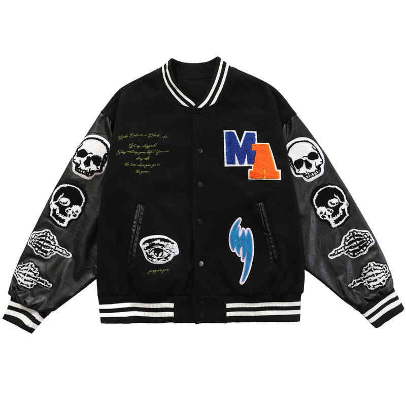 

2022 Hip Hop Loose Baseball Jacket Coat Men Women Streetwear Bomber Skull Patches Harajuku Embroidery Varsity, Black