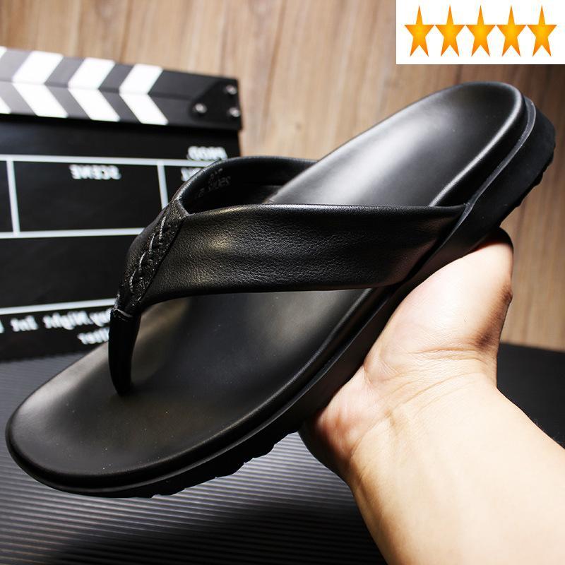 

Sandals Mens Genuine Leather Summer Outdoor Flip Flops Non-Slip Beach Slipper Fashion Black Flat Quality Footwear