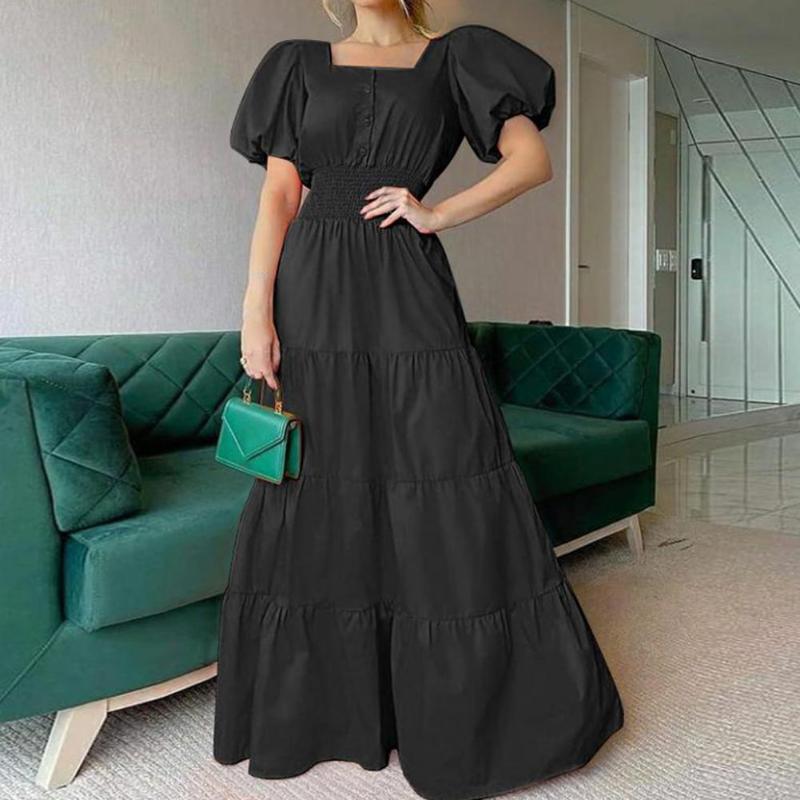 

Party Dresses Elegant Women Maxi Dress Square Neck Tight Waist Floor Length Bubble Sleeve Big Hem Pullover Banquet DressParty, Orange