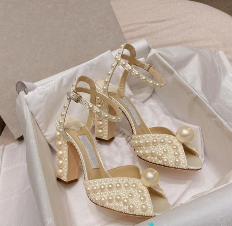 

Summer Prefect Sacaria Dress Wedding Sandals Shoes Pearl-Embellished Satin Platform Sandalias Mujer Elegant Women High Heels Ladies Pumps EU35-43
