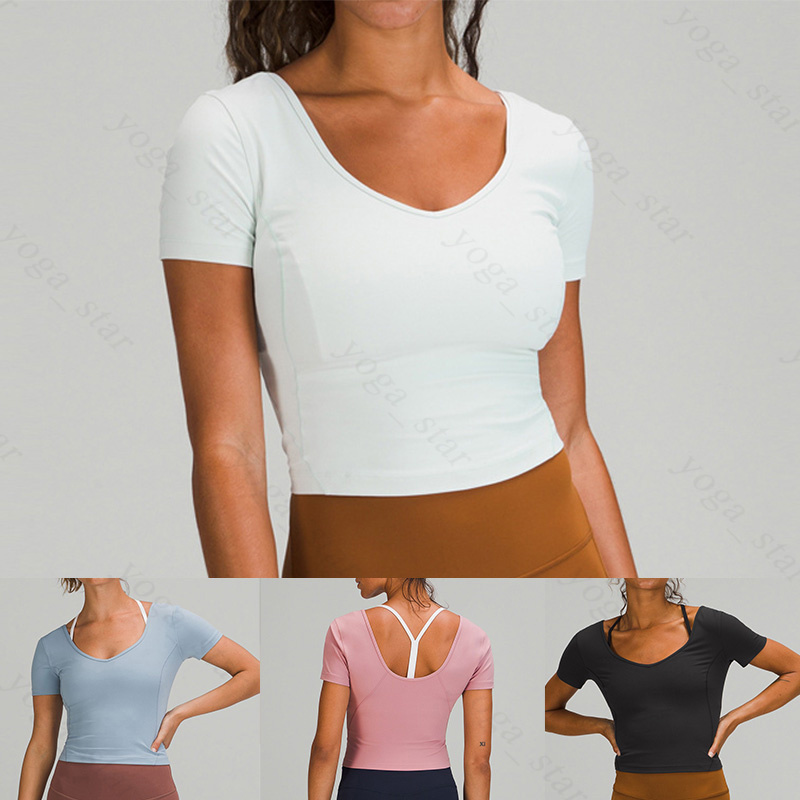 

Beautiful back yoga T Shirt clothes Align womens high quality sports short-sleeved sexy tight-fitting short T-shirt V-neck U-back fitness nylon high elastic
