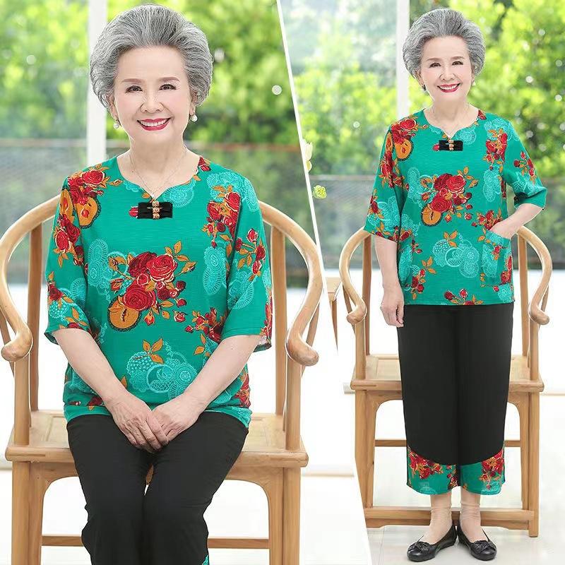 Women's Two Piece Pants Fdfklak Grandma Cotton Linen Suit Middle-Aged Elderly Womens Half-Sleeved Clothes Old Lady Spring Summer Peice Sets