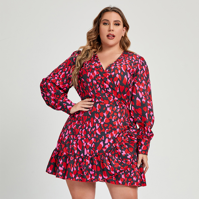 

Floral large dress V-neck split long sleeve A-line skirt medium length, Red