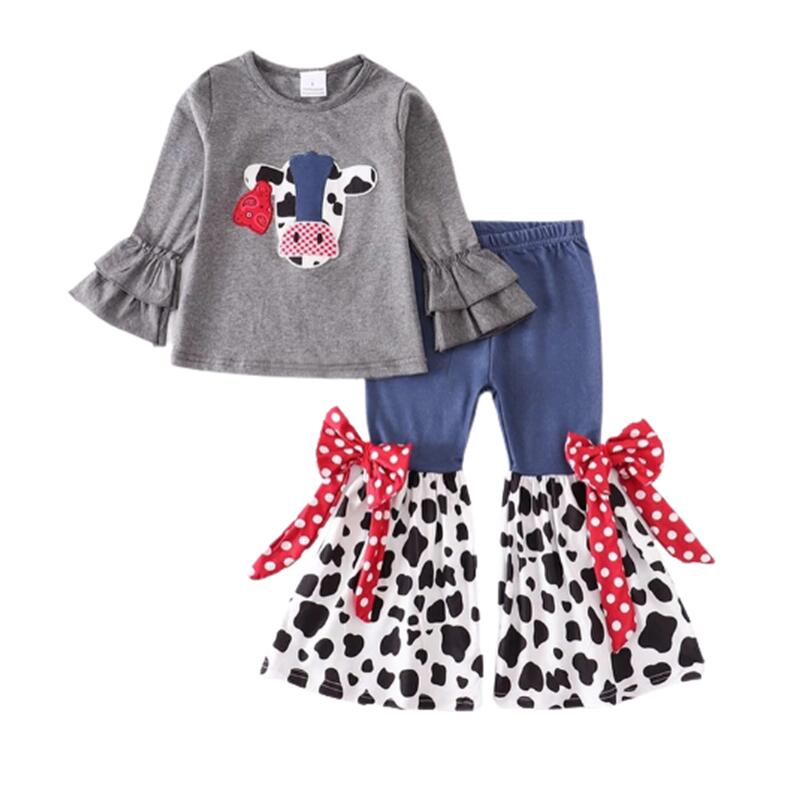 baby girls clothes sets cow printing ruffle top and bell bottom patchwork with two bows pants cute style boutique for toddler kids outfits spring