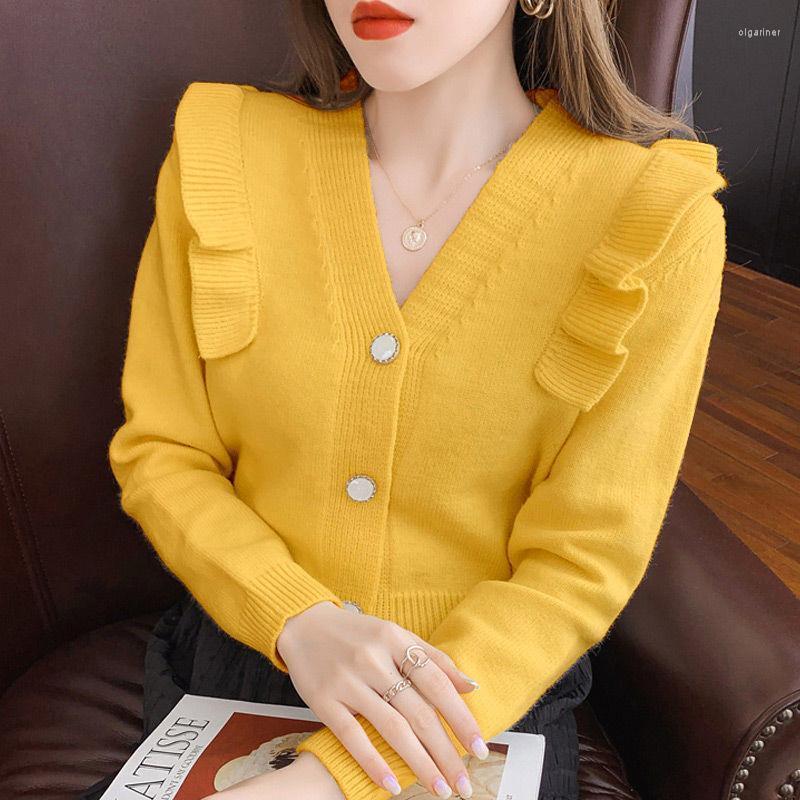 

Women's Knits & Tees Women Cardigan Fashion Knitted Long Sleeve Soft Elegant Korean Style V-neck Short Sweaters Solid Color Casual D12Women', Yellow