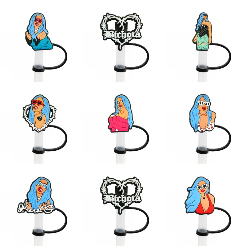 

9pcs/set karol g straw toppers cover molds designer brand silicone charms for tumbers Reusable Splash Proof drinking dust plug decorative 8mm straw