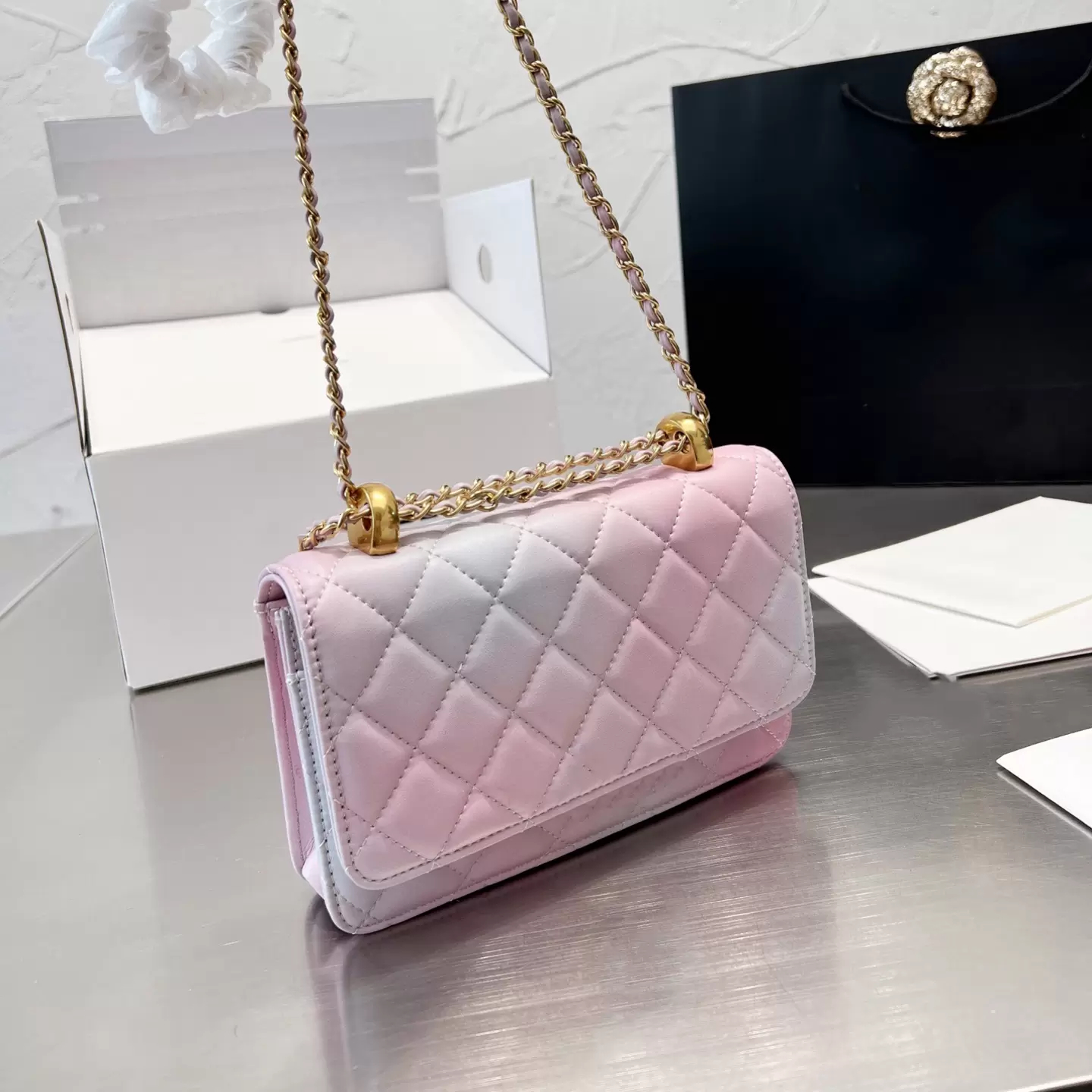 20cm Womens Pink Painted Woc Flap Bag Calfskin Classic Quilted Gold Metal Chain Hardware Adjuster Shoulder Crossbody Wallet Designer Luxury Mini